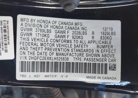 2020 Honda Civic Sport z USA, uszkodzony, nr VIN 2HGFC2E8XLH525838